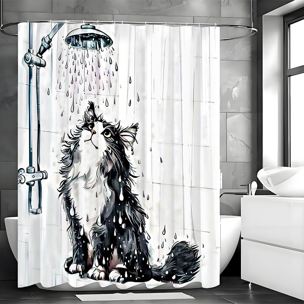 1 Piece Funny Black Cat Shower Pattern Shower Curtain, Bathroom Decorative Shower Curtain, Waterproof Shower Curtain with Hooks