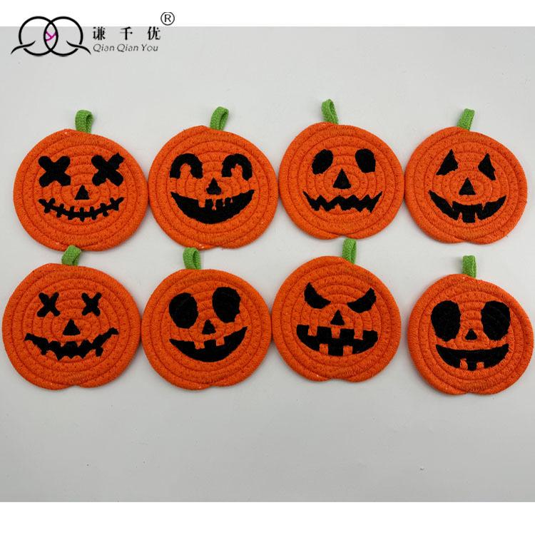 Set of 8 Halloween Pumpkin Coasters Cotton Rope Round Placemats with Various Face Designs Durable Table Protection Seasonal Decor