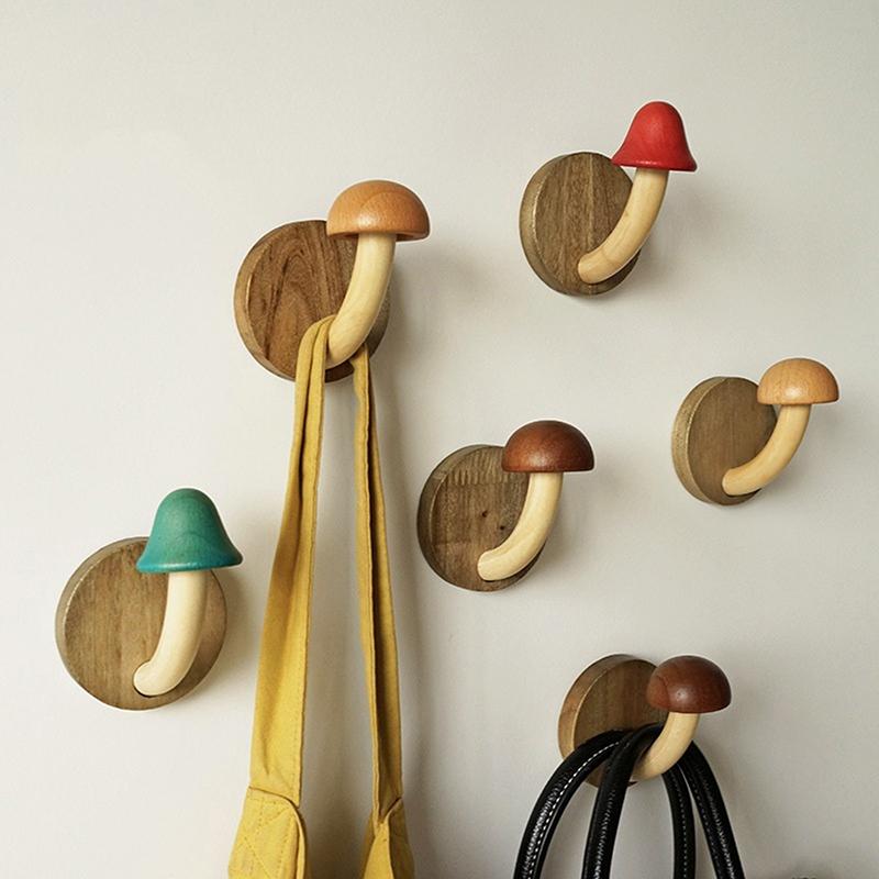 Creative Wooden Mushroom Clothes Hook Bathroom Clothes Hanger Self Adhesive Wall Hanger Organize Storage Hook