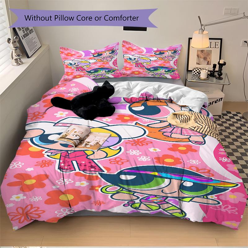 3Pcs Powerpuff Girls Adventure Bedding Set Soft Fabric Duvet Cover Pillowcases Home Christmas Xmas Halloween Gift 1 Duvet Cover 2 Pillowcase G1140
