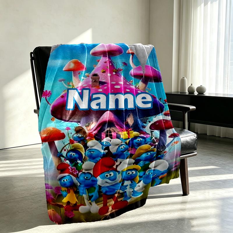 Custom Name Personalized Blue Smurfs Print Blanket, Home Decor, Bedroom, Sofa, Camping, Couch, Gifts for Birthday Christmas