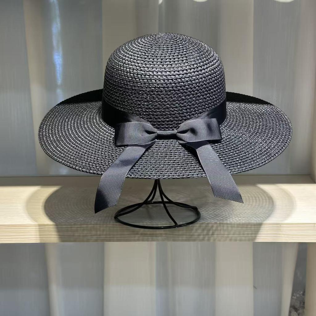 French Hepburn bow ribbon sun hat women's straw hat beach hat women's big brim hat sun hat beach fedora vacation travel sun hat