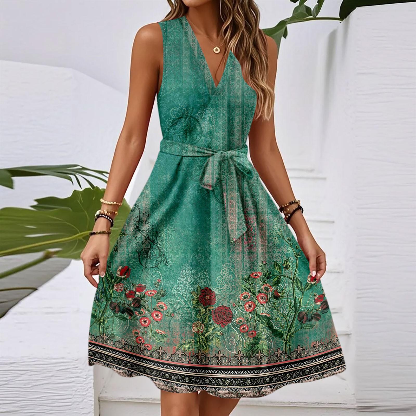 

Women s Spring And Summer Casual V-Neck Sleeveless Waisted Vintage Printed Midi Dress L армия зеленый