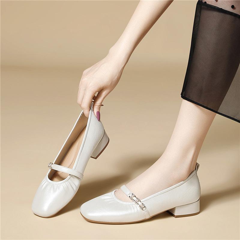 French fashion square head single shoes, early spring single shoes, simple temperament women's shoes, light mouth thick heel Mary Jane shoes