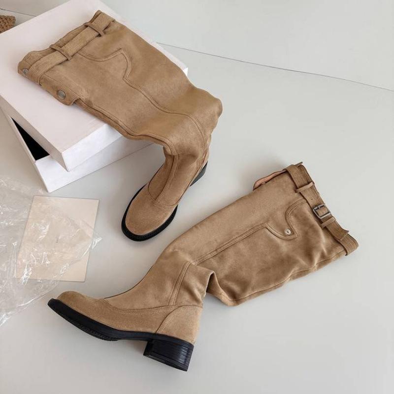 New Versatile Leather Knight Boots Large Size Women's Boots Sleeve Middle Heel Autumn and Winter Round Head Large Tube Circumference Thick Leg Hig