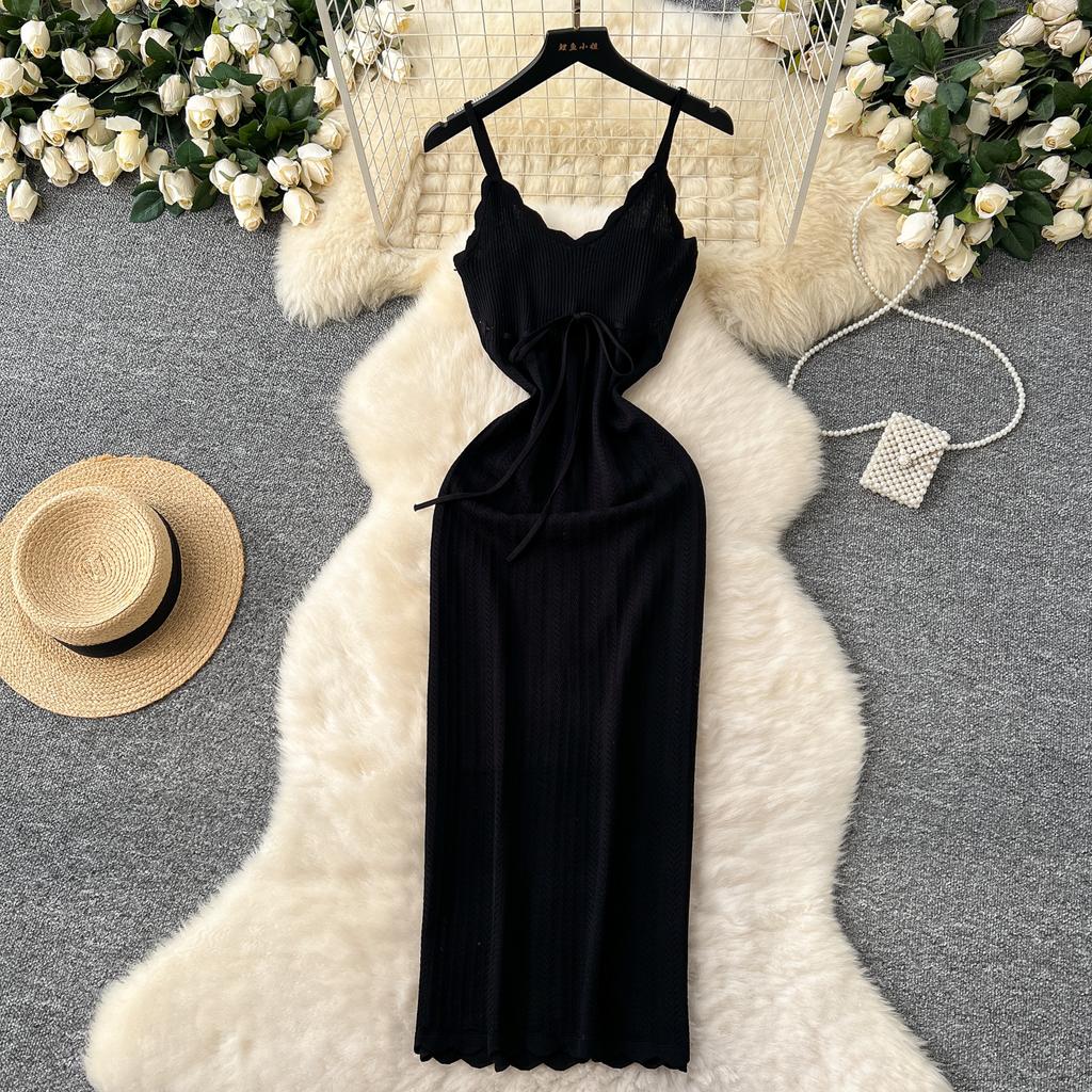 Plážové pletené dámské šaty s výstřihem do V, háček bez rukávů, květina s vydutým úpletem, volný čas, letní šaty s popruhem
