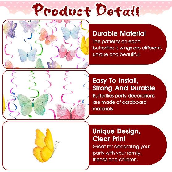 cobee 28 Pcs Butterfly Hanging Swirl Decoration, Butterfly Birthday Party Decorations Hanging Butterfly, Home Party Birthday Decorations Butterfly