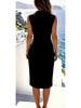 European & American Elegant Sleeveless Pleated Button Dress - Solid Color, Irregular Hem.