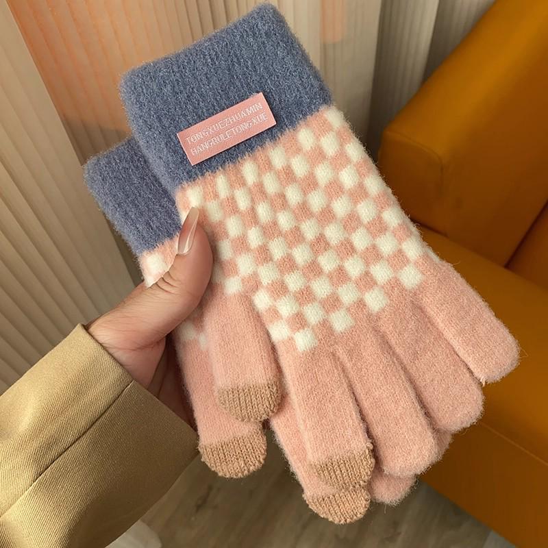 Gants tricotés à carreaux doublés polaire pour femmes, automne hiver, doigts séparés - Compatibles écran tactile et chauds, mode pour étudiantes.