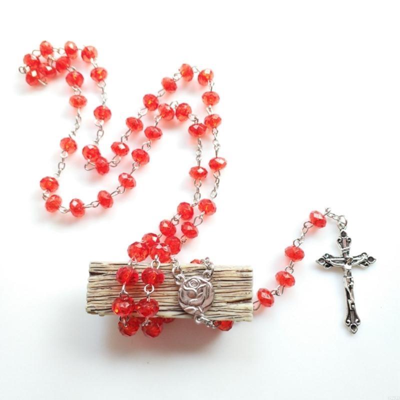 62KD Catholic Crystal Beads Rosary Necklaces Rose Flower Crucifix Pendant Religious Jewelry for Women Meditation Prayer