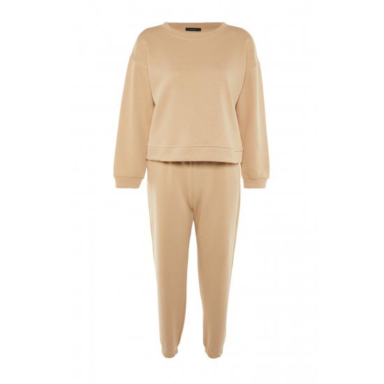 Set de trening tricotat din lână bej cu model obișnuit