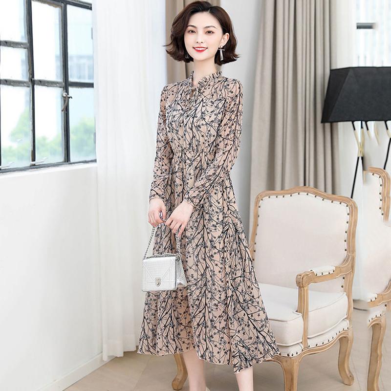 Damen Frühling Sommer und Herbst Vier Jahreszeiten Modelle Slim Dünn Temperament Rüschenkragen Chiffon Druckkleid Langarmkleider