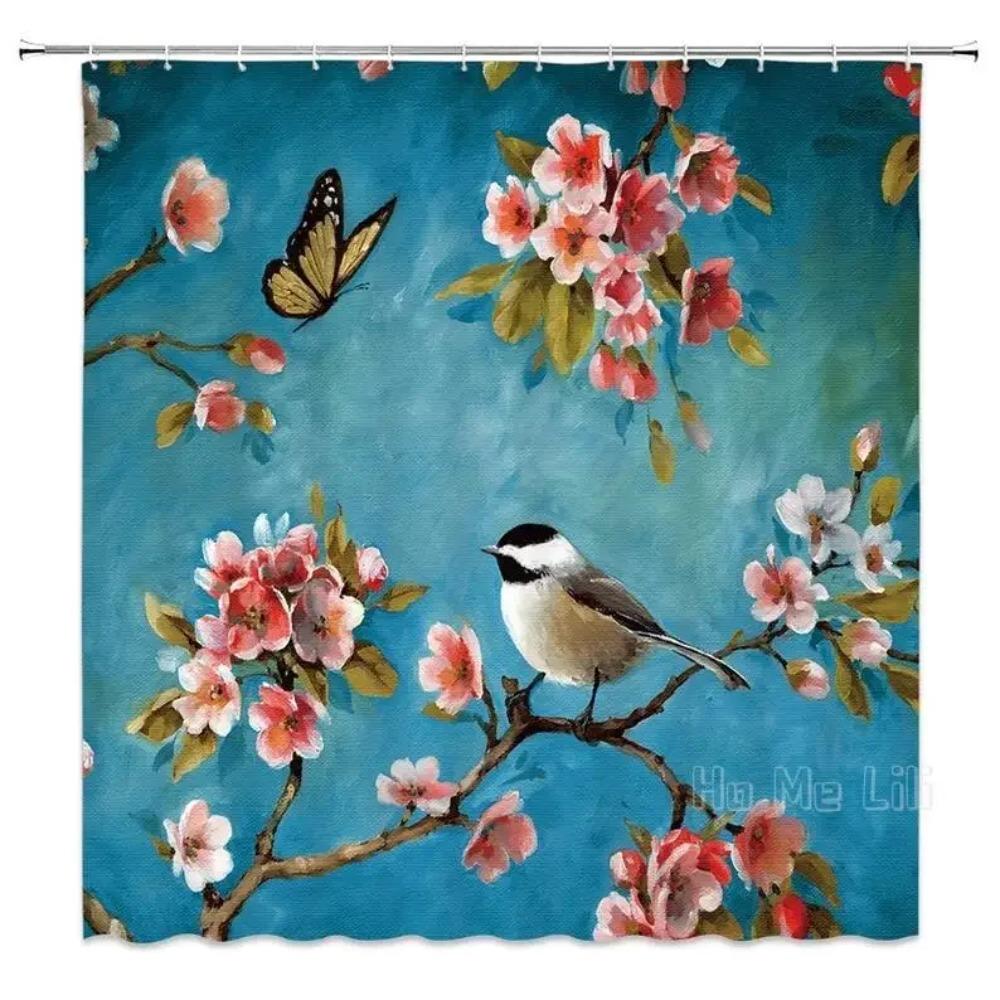 Bird And Flowers Shower Curtain Waterproof Bathroom With Hooks