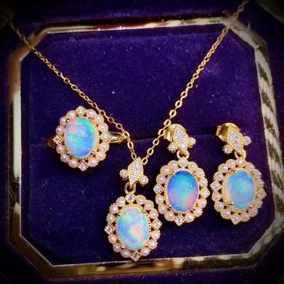 Imitation Natural Opal Ring, Luxury Temperament Colored Treasure Pendant Jewelry Set, Stud Earrings Necklace.