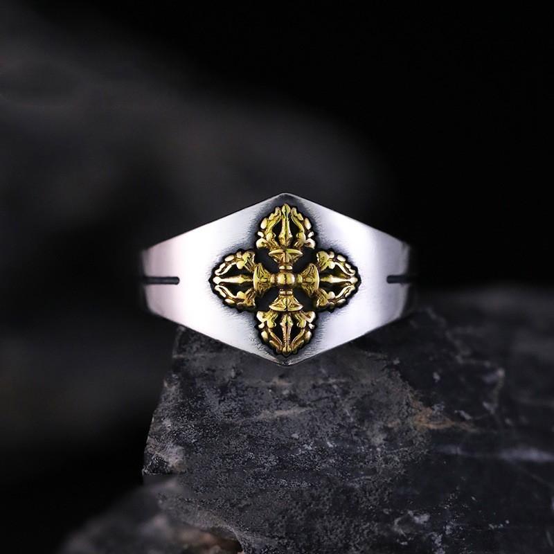Adjustable Vintage Tibetan Style Dorje Mens Ring Plated Geometric Design Unisex Statement Jewelry