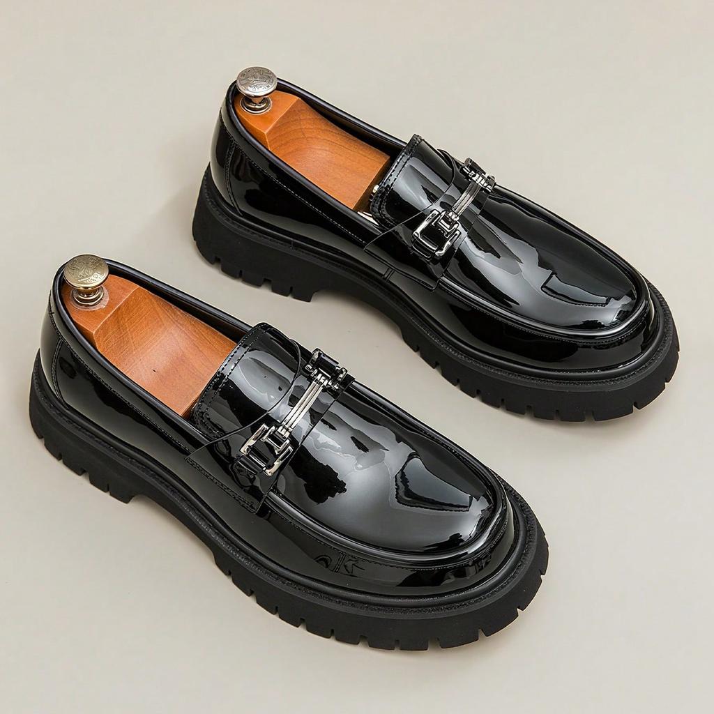 Fashion Classic Thick Sole Men's Penny Loafers Slip-On Business Dress Shoes for Gentleman Metal Buckle Formal Black Glossy Shoes