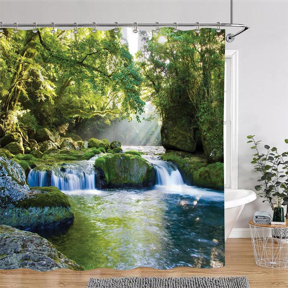 Sonnenschein Grün Wald Braun Fenster Duschvorhänge Bäume Pflanzen Natur Landschaft Polyester Badezimmer Vorhang Set Dekor Mit Haken
