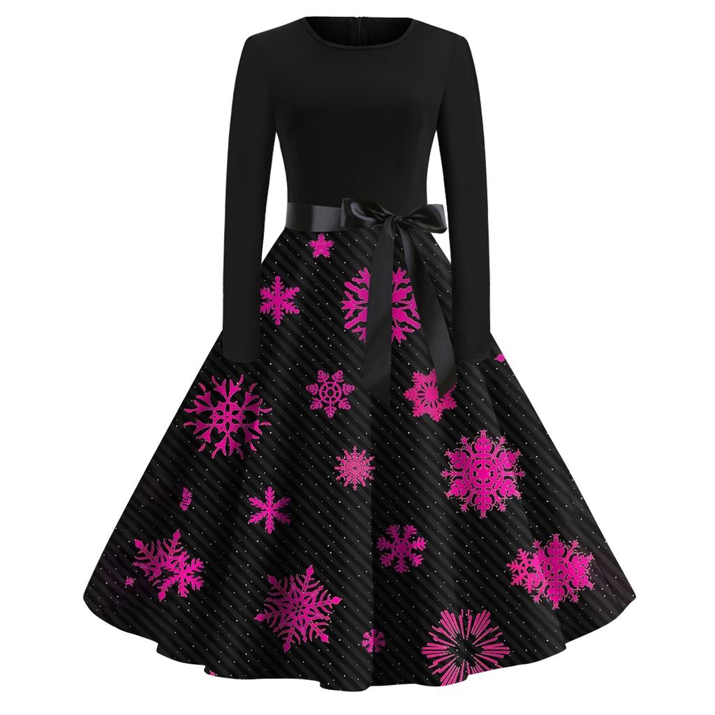 Women's Fashion V-Neck Casual Slim Christmas Printed Long Sleeve Hair Collar Dresses