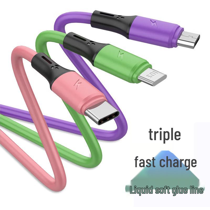 Thickened 3-in-1 Liquid Silicone Charging Cable, Ultra-Long 3A One-to-Three Data Cable