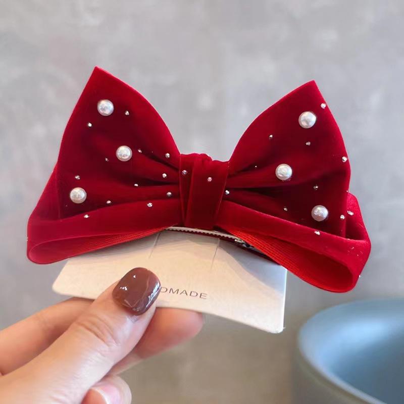 Pearl Bow Girl Headwear Mesh Velvet Hair Clip Party Girl Dance Hair Accessory Hair Clip Red