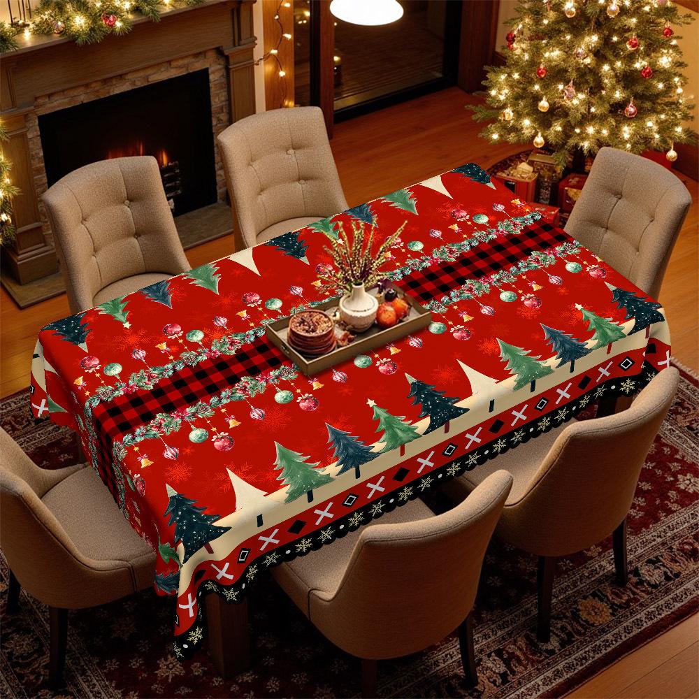 Christmas Round Tablecloth, Red And Green Christmas Tree + Snowflake Plaid Waterproof Dining Table Cloth, Household Party Coffee Table Cover Cloth