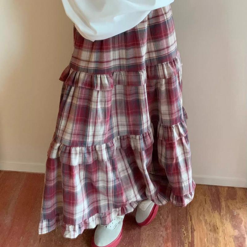 Women's Plaid Print Patchwork Elastic Waist Loose Casual Long Skirt