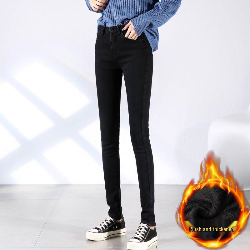 Women's Black High Waist Velvet Skinny Pants - Autumn/Winter Warm Pencil Leggings