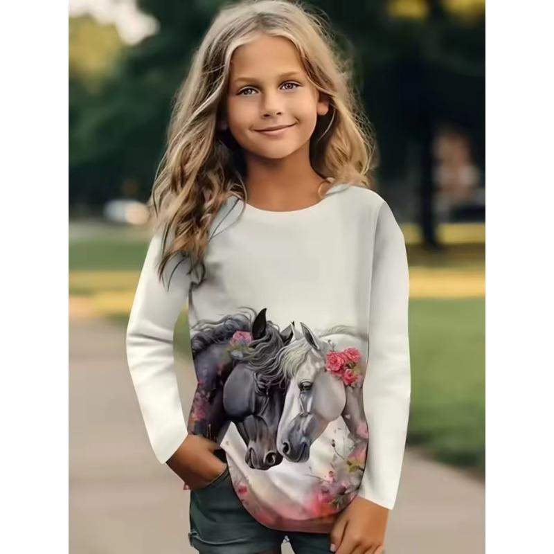 Girl Clothes Fashion Horse 3D Print Kids Long Sleeves T-Shirt Loose Casual Autumn Tops Outdoor Comfortable Children's Clothing