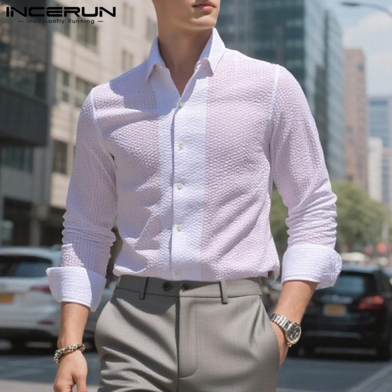 INCERUN Men Lapel Long Sleeve Striped Print Shirts Semi-Sheer Texture Tops