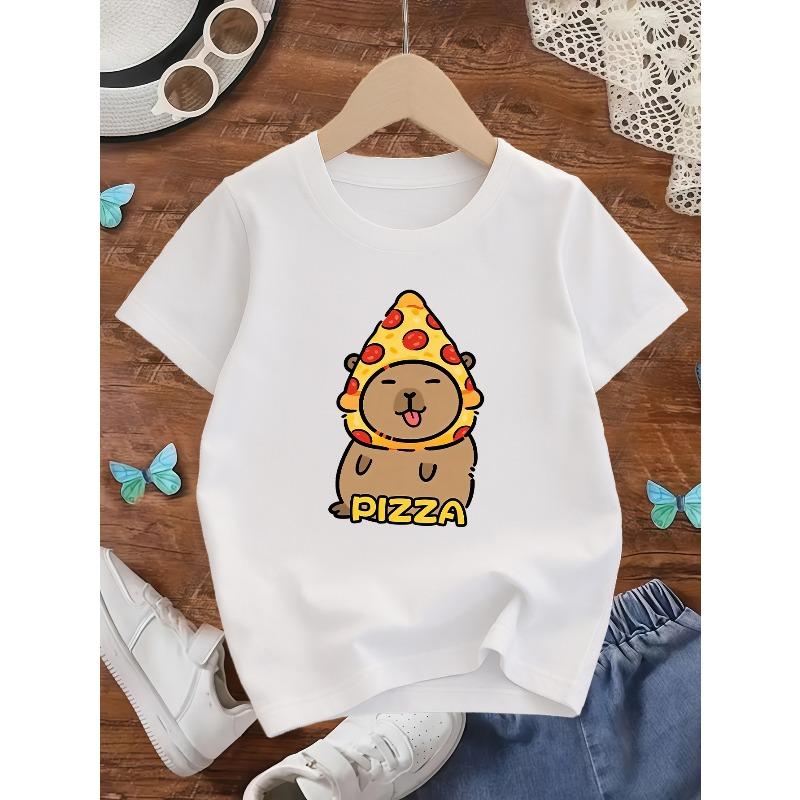 Kids Crewneck Short Sleeve T-Shirt, Cute Capybara Pizza Print 110 белый