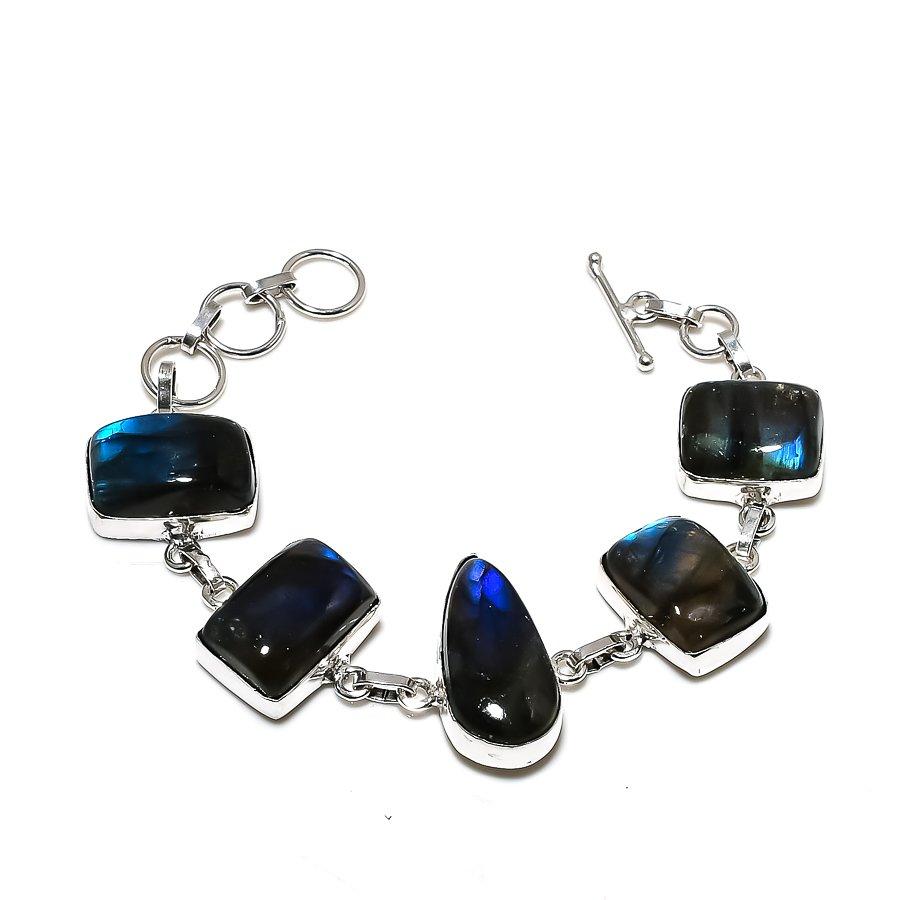 

Браслет ручной работы из стерлингового серебра 925 пробы с натуральным лабрадоритом 7–8 дюймов V7W98