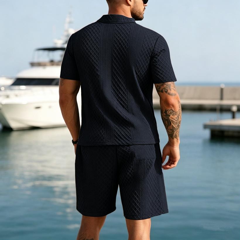 2026 Summer Fashion Sports Style Short Two Piece Set Men's Casual Solid Color Jacquard Short Sleeves Pullover POLO Shirt Shorts 2 Piece Sets