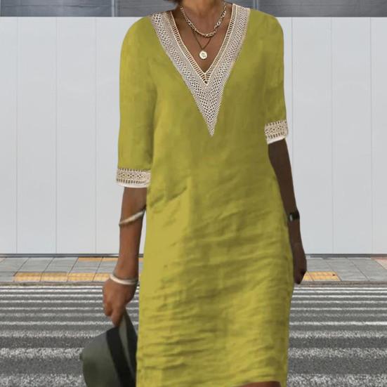V-neck Half Sleeve Thin Beach Dress Women Elegant Lace Stitching Casual Dress Streetwear