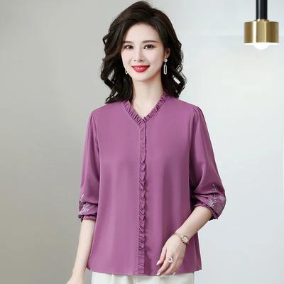 Women's Purple Satin Blouse Elegant Ruffled V-neck Half-sleeve Embroidered Casual Office Top