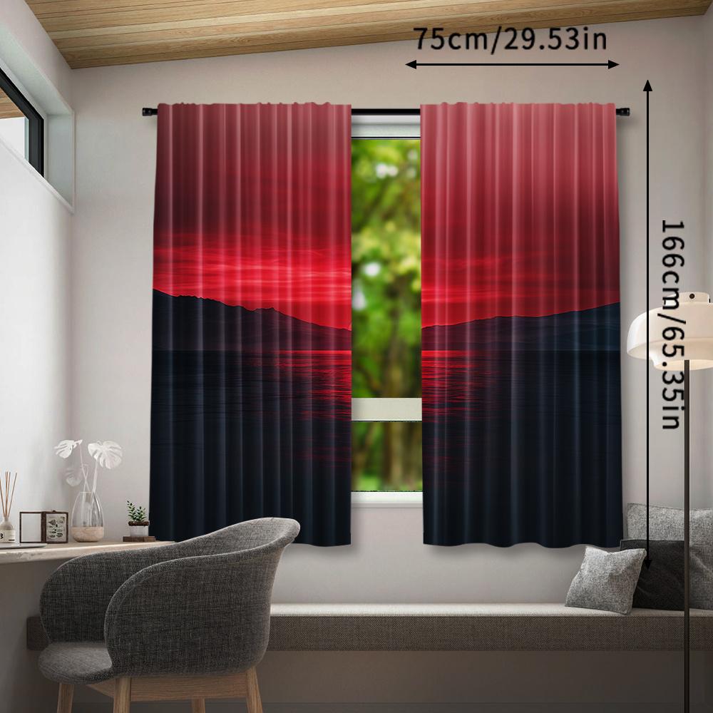 Modern Art Inspired Ribbed Pocket Curtains Tricot Polyester Plain Ombre Sunset Seascape Print Semi Sheer Room Darkening Set Of 2 Made