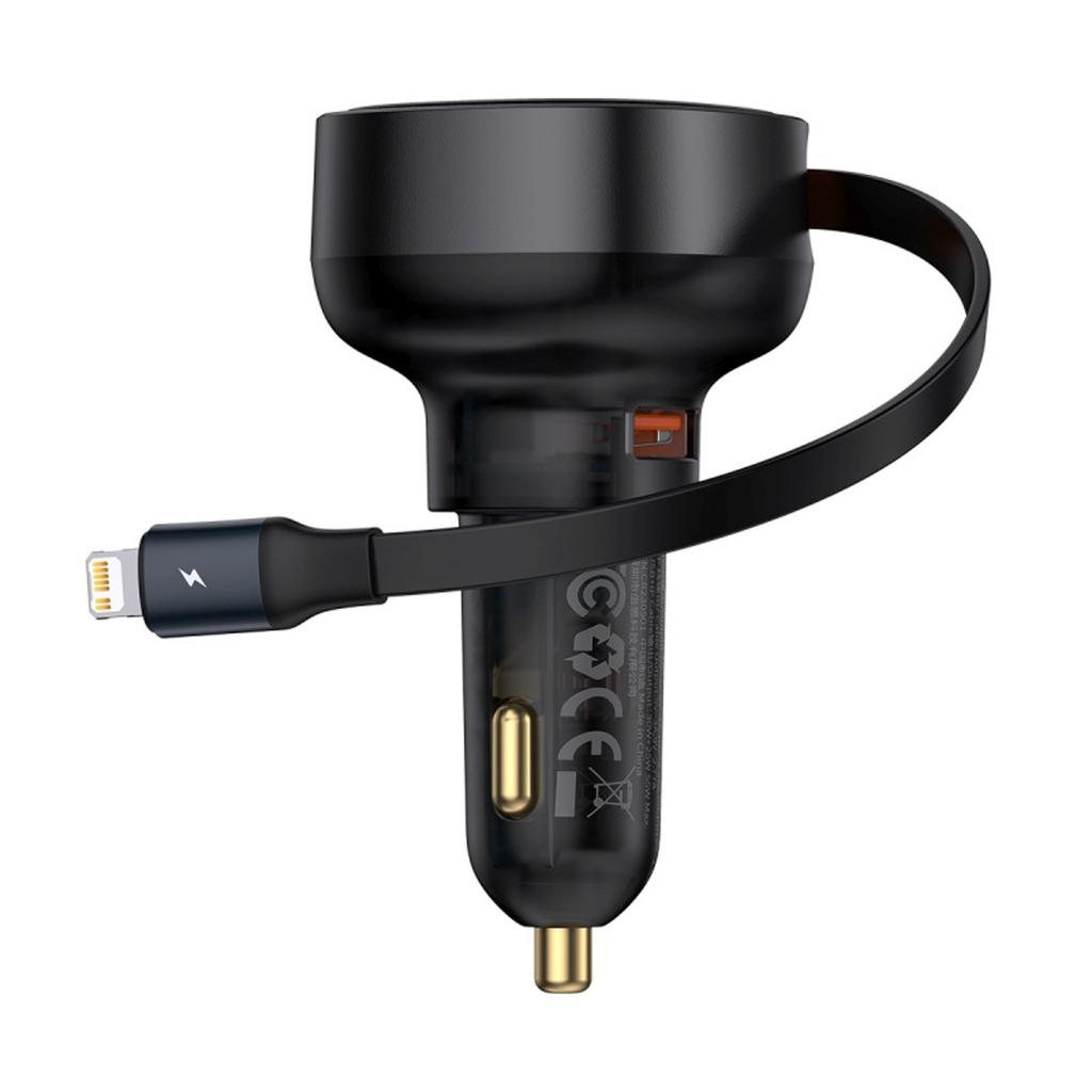 Ładowarka Samochodowa Usb-A Ze Zwijanym Kablem Iphone Lightning 55W - Czarna