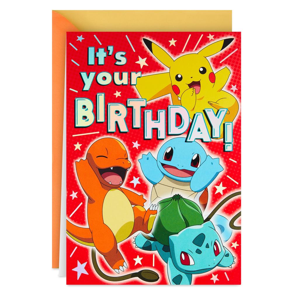 Hallmark Pokemon Birthday Card for Kids and Pop-Up (Pikachu, Szechuan, Charmander, Bulbasaur)
