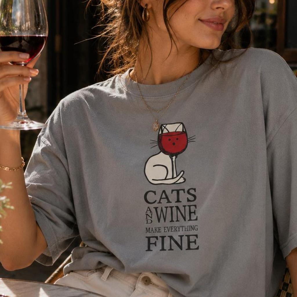 Cats & Wine Make Everything Fine Shirt, Funny Cat Wine Tee, Cat Lover Gift, Wine Lover Shirt, Cat Mom Graphic T-Shirt