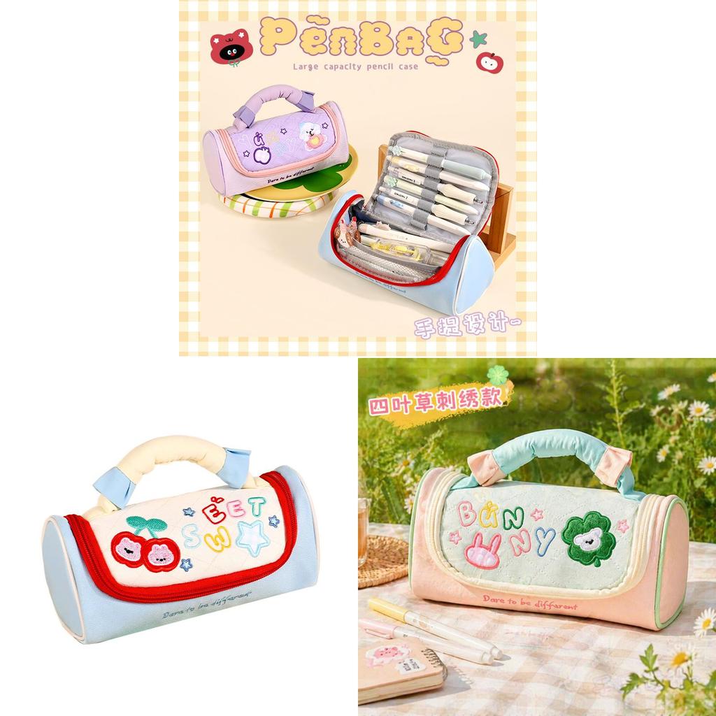 Oxford Cloth Cute Clover Pencil Case With Embroidery Large Capacity For Students And Office
