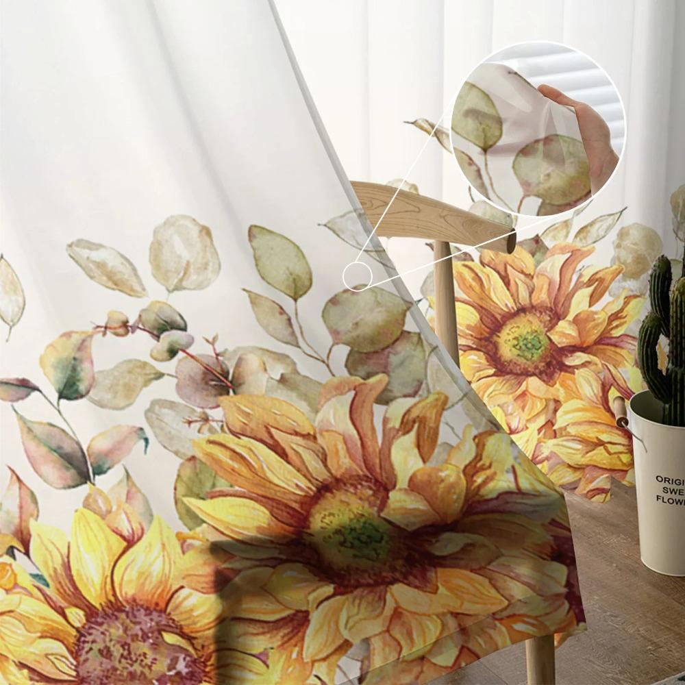 Pastoral Style Eucalyptus Leaves Sunflower Plant Sheer Curtains Home Window Decor Voile Tulle Curtains For Living Room Bedroom