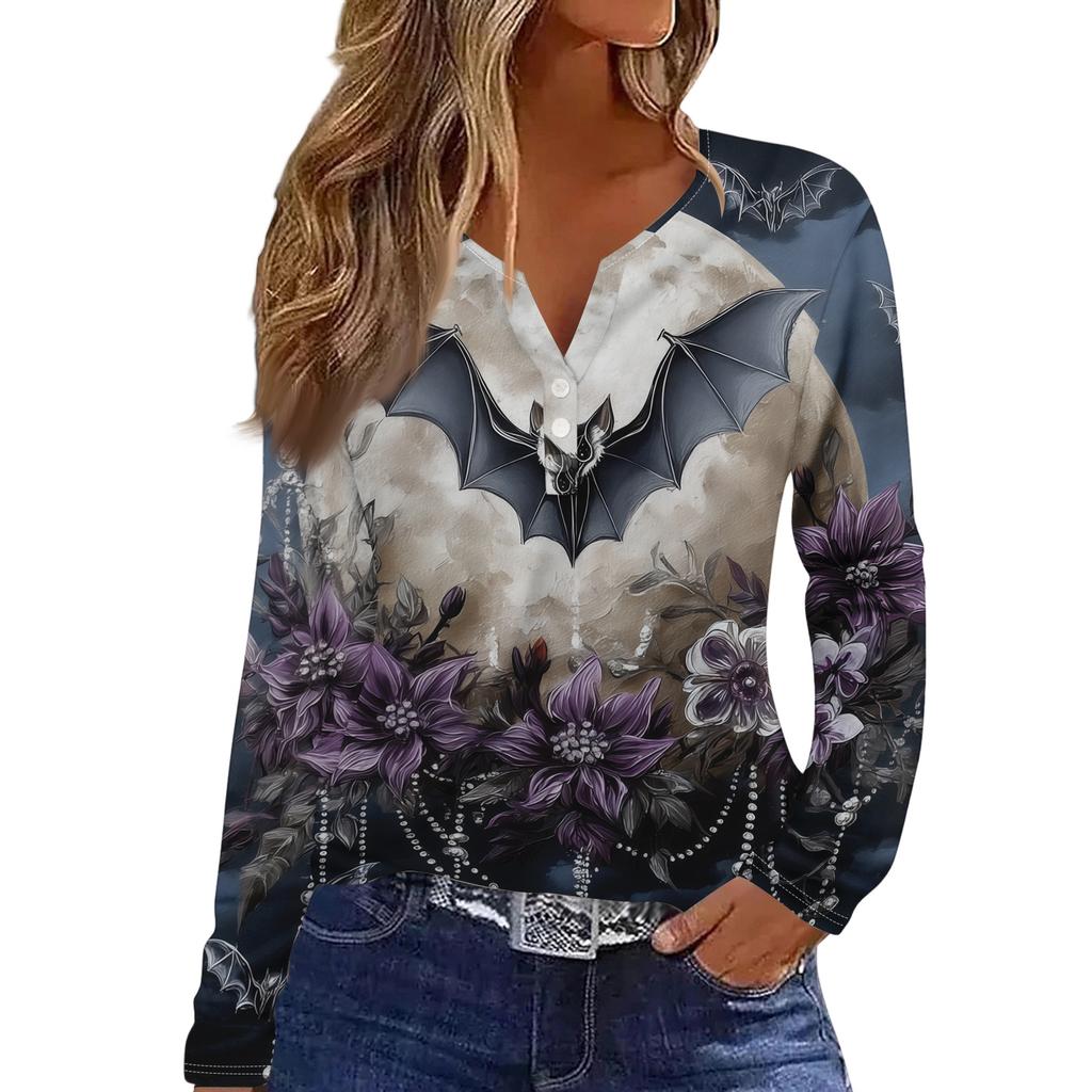 Women's Casual Long Sleeve T-Shirt with Halloween Print V-Neck Button for Parties