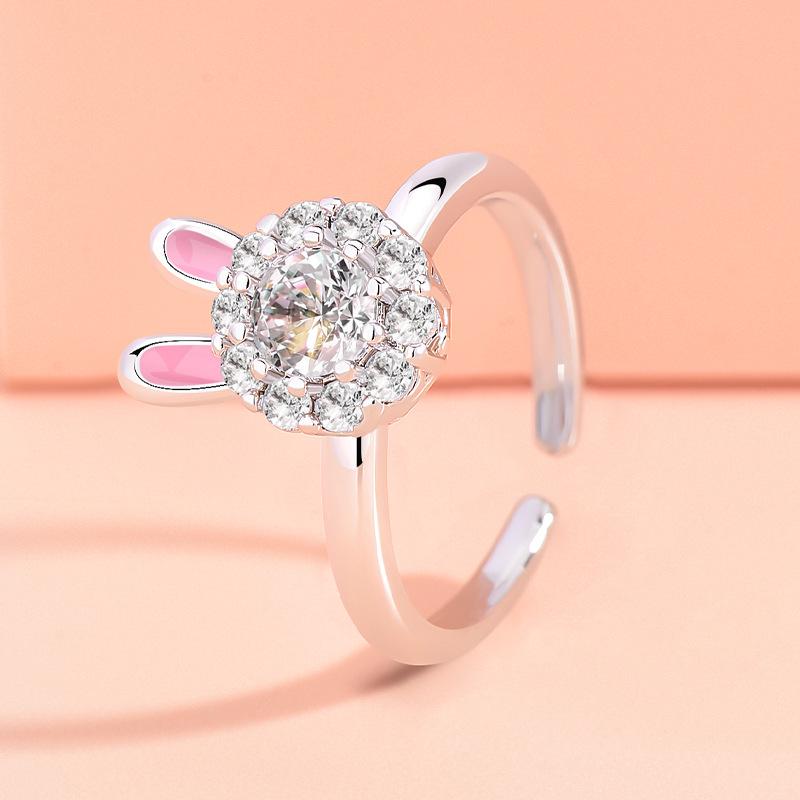 Douyin Women's Cute Rabbit Zirconia Rotatable Open Ring - Light Luxury Niche Design for Index Finger
