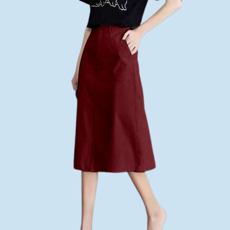 

Women s High Waist A-line Midi Skirt Solid Color Casual Skirt S червоний