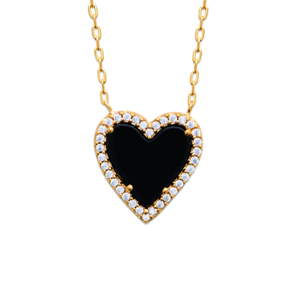 Les Trésors De Lily [R5838] - Gold Plated Necklace 'Love' White Gold (onyx) - 13x13mm