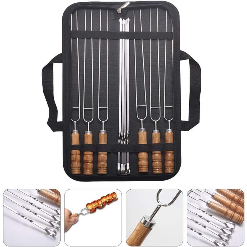 10 PCS/Set Stainless Steel Wire BBQ Skewers Wood Handle Grill Roasting Sticks Outdoor Camping BBQ Tools Storage Bag Kit