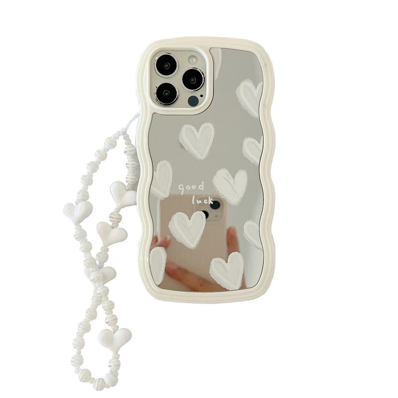 Wavy Frame Heart-Shaped Mirror Phone Case For iPhone 16 15 14 13 12 11 Plus Pro Max X XR Girls Fashion Phone Case With Bracelet