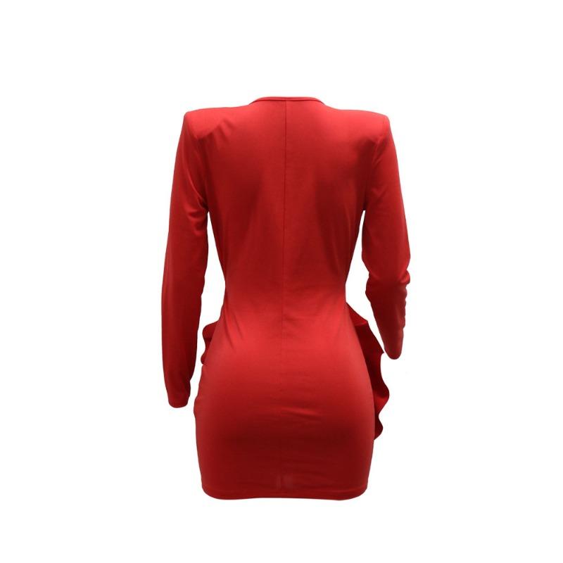 Women's Fashion Sexy V-neck Solid Color Dress Package Hip Long Sleeve Short Evening Dress