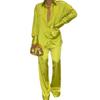 Women's Satin 2-Piece Set, Shirt Collar Long Sleeve Top with Loose Straight Leg Pants, Casual Solid Color Outfit