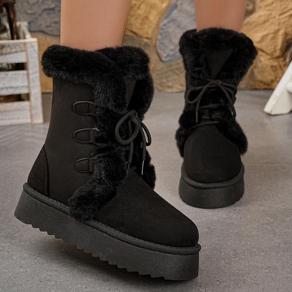 Large Size Snow Boots for Women 2025 New Fashion Lace-Up Flat Bottom Thickened Casual Comfortable Snow Boots Winter Shoes