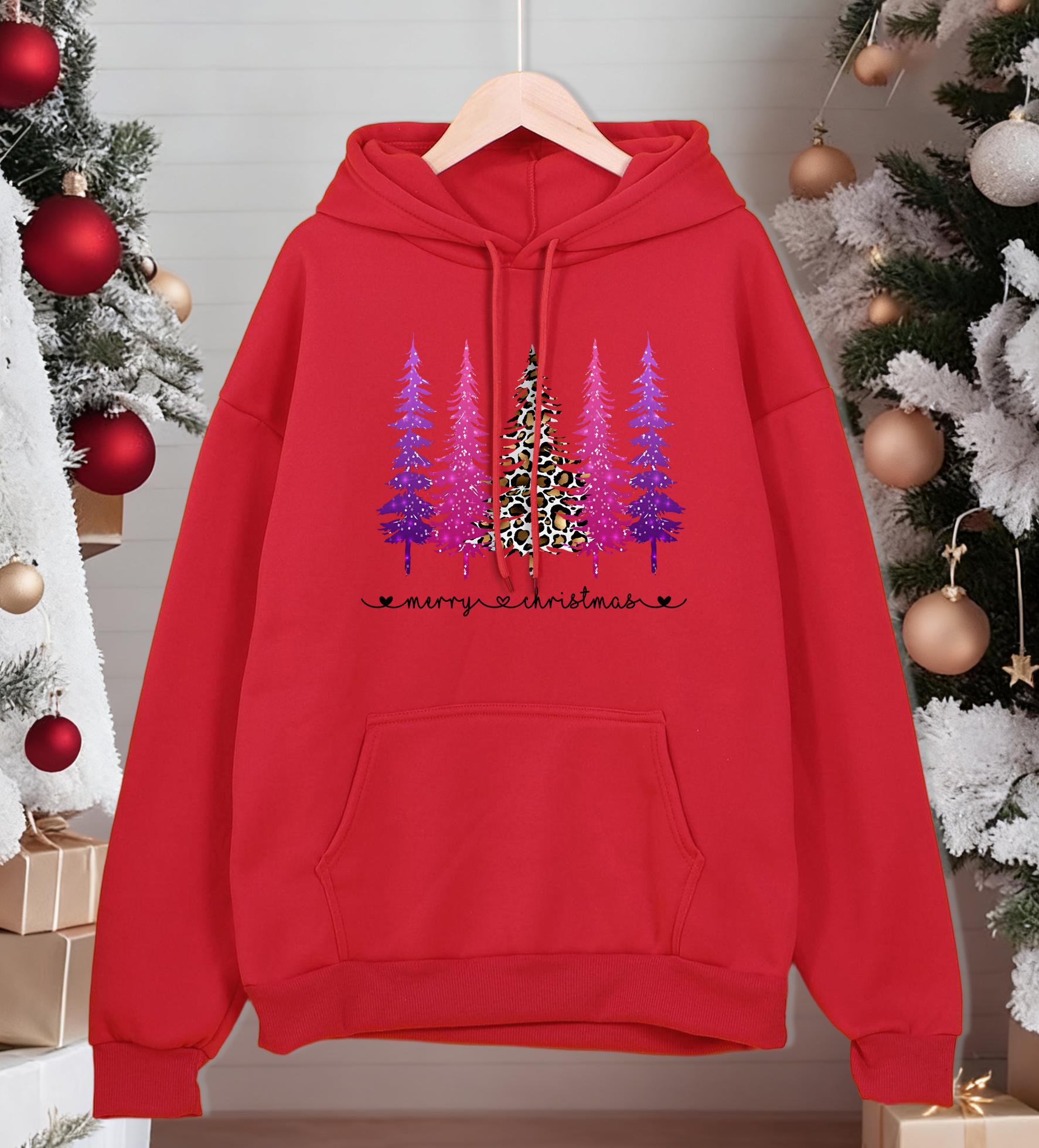 

Merry Christmas Leopard Tree Printing Hoodies Mens Casual All-Match Clothing Man Oversized Pocket Hoody Autumn Fleece Streetwear S